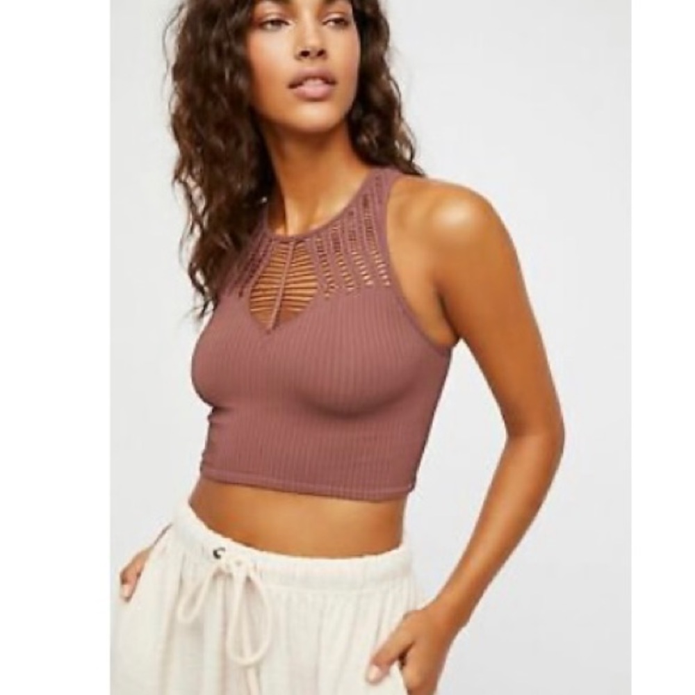 Ribbed Crochet Yoke Cropped Tank Top - Mauve